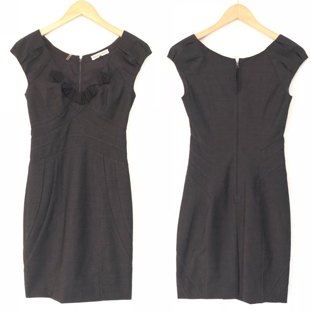 Rebecca Taylor Dark Gray Sheath with Black Ruffle V-Neck, Size 4